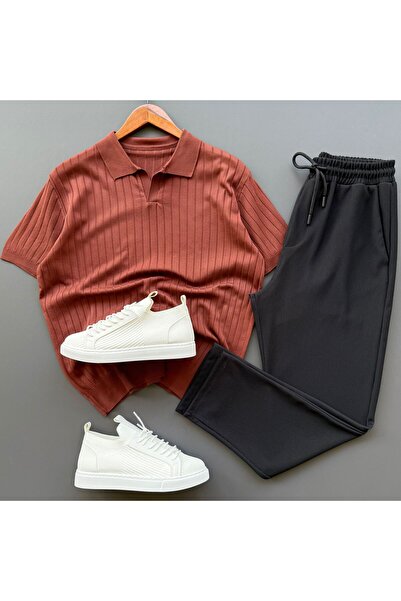 Beylerce Nurse Collar Ribbed Knitwear T-Shirt + Ribbed Trousers 2-Piece Combi...