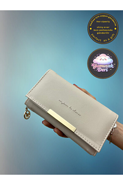 shiny ever Cream-Colored Soft Leather Women's Wallet Handbag with Gold Detail