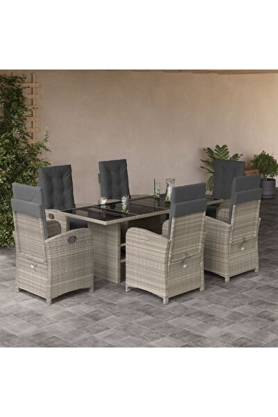 vidaxl Garden furniture set with cushions, 7 pieces, light grey polyrattan