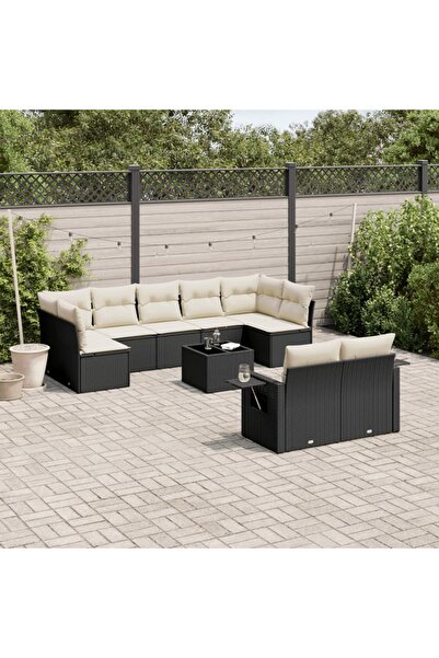 vidaxl Garden sofa set with cushions, 10 pieces, black, polyrattan