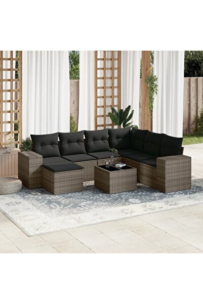 vidaxl Garden sofa set with cushions, 8 pieces, grey, polyrattan