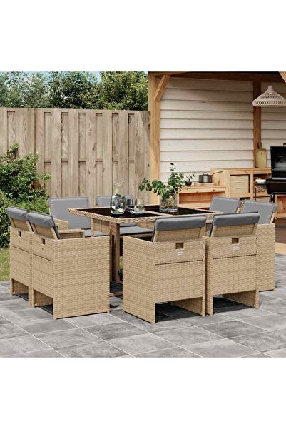 vidaxl 9-piece garden table set with cushions, beige, polyrattan