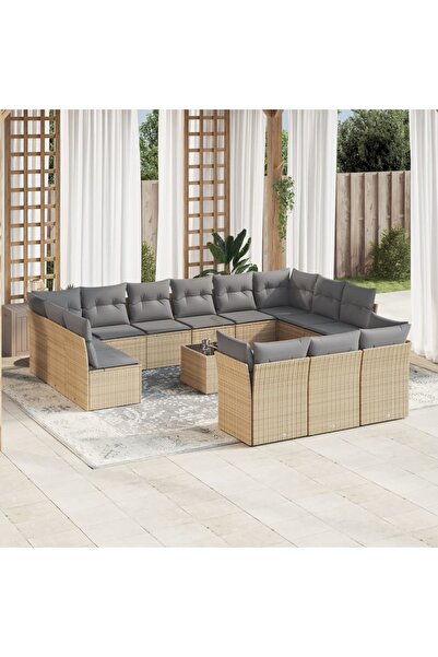 vidaxl Garden sofa set, 14 pieces, with cushions, beige, polyrattan