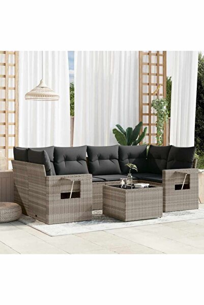 vidaxl Garden sofa set with cushions, 7 pieces, light grey polyrattan