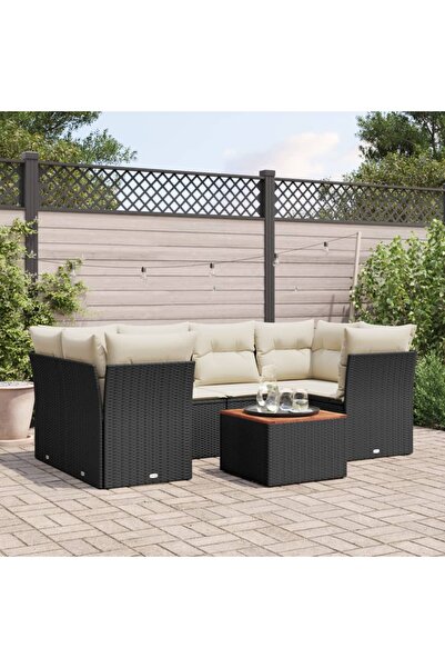 vidaxl Garden sofa set with cushions, 7 pieces, black, polyrattan