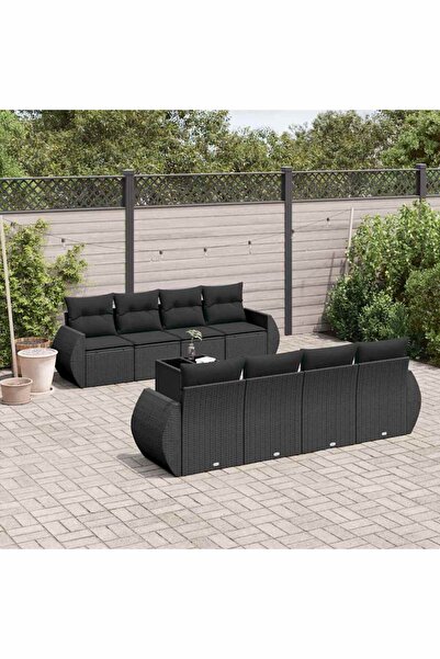 vidaxl Garden furniture set with cushions, 9 pieces, black, polyrattan