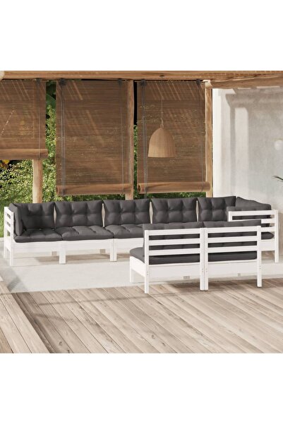 vidaxl Set mobilier de gradina cu perne, 8 piese, alb, lemn masiv pin