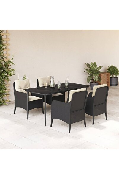 vidaxl Garden furniture set with cushions, 5 pieces, black, polyrattan