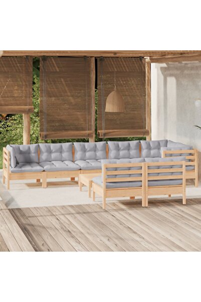 vidaxl Set mobilier de gradina cu perne gri, 9 piese, lemn masiv pin