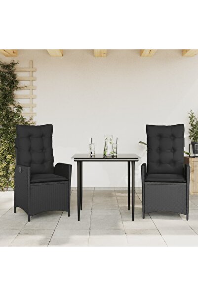 vidaxl Garden furniture set with cushions, 3 pieces, black, polyrattan