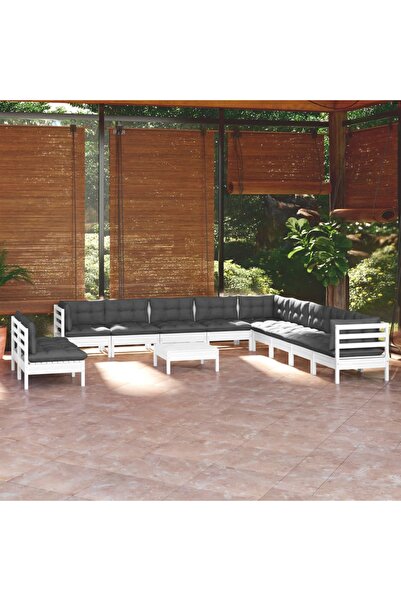 vidaxl Set mobilier gradina cu perne, 12 piese, alb, lemn masiv pin