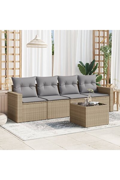 vidaxl Garden sofa set with cushions, 5 pieces, beige, polyrattan