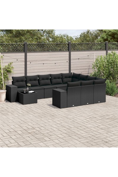 vidaxl Garden sofa set with cushions, 11 pieces, black, polyrattan