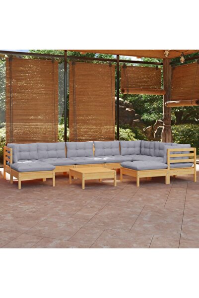 vidaxl Set mobilier gradina cu perne, 10 piese, gri, lemn masiv pin