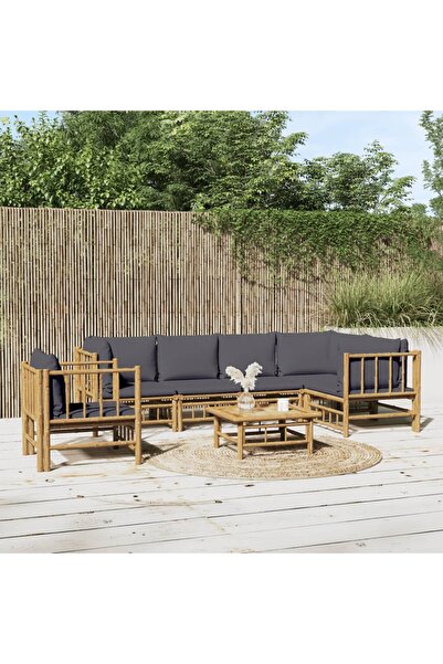 vidaxl Set mobilier de gradina cu perne gri a®nchis, 7 piese, bambus