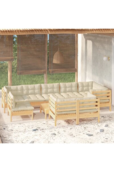 vidaxl Set mobilier gradina cu perne crem, 10 piese, lemn masiv de pin