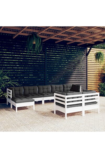 vidaxl Set mobilier gradina cu perne, 9 piese, alb, lemn masiv pin