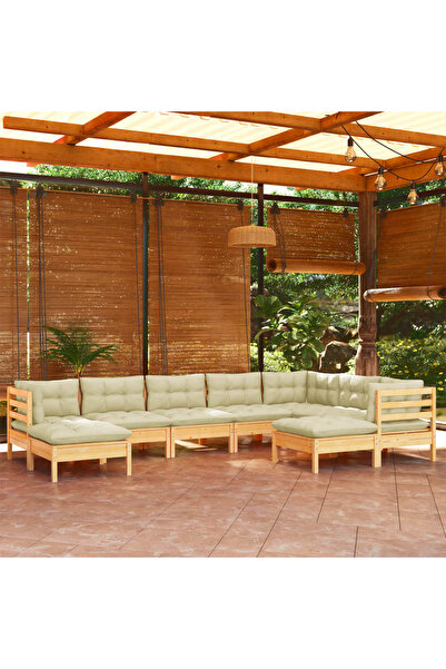 vidaxl Set mobilier gradina cu perne crem, 9 piese, lemn masiv de pin