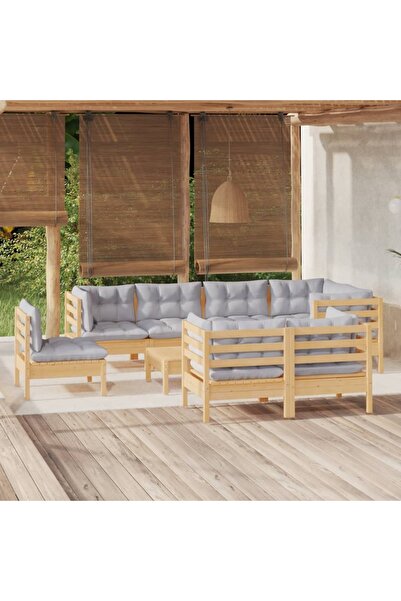 vidaxl Set mobilier de gradina cu perne gri, 9 piese, lemn masiv pin