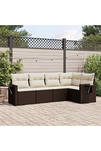 vidaxl Garden sofa set with cushions, 5 pieces, brown, polyrattan