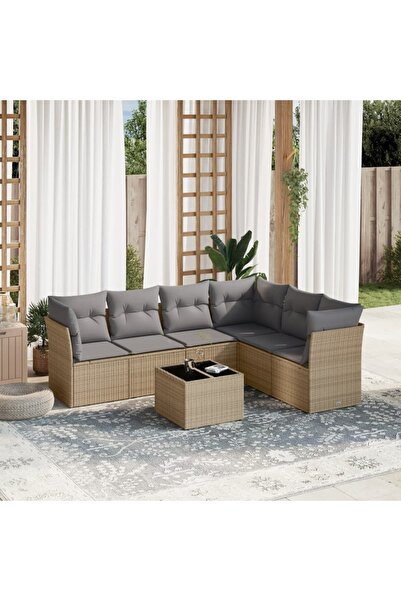 vidaxl Garden sofa set, 7 pieces, with cushions, beige, polyrattan