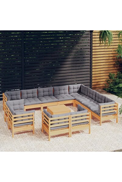 vidaxl Set mobilier gradina cu perne, 13 piese, gri, lemn masiv pin