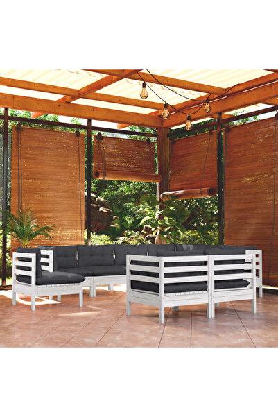 vidaxl Set mobilier de gradina cu perne, 9 piese, alb, lemn masiv pin