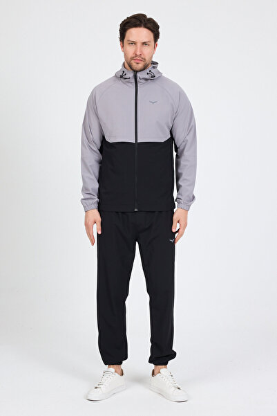 LEVEL HİGH Men's Gray Black Comfortable Fit Hooded Zippered Top and Bottom Tr...