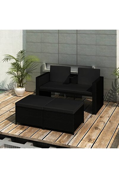 vidaxl Garden furniture set with cushions, 3 pieces, black, polyrattan