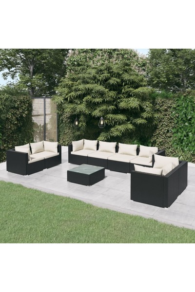 vidaxl Set mobilier de gradina cu perne, 9 piese, negru, poliratan