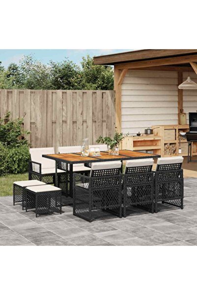 vidaxl Outdoor furniture set with cushions, 11 pieces, black, polyrattan