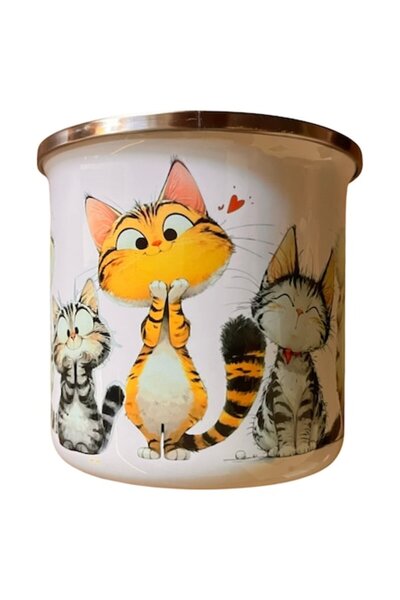 OEM White enameled steel mug, 360 ml volume, with cute kittens model