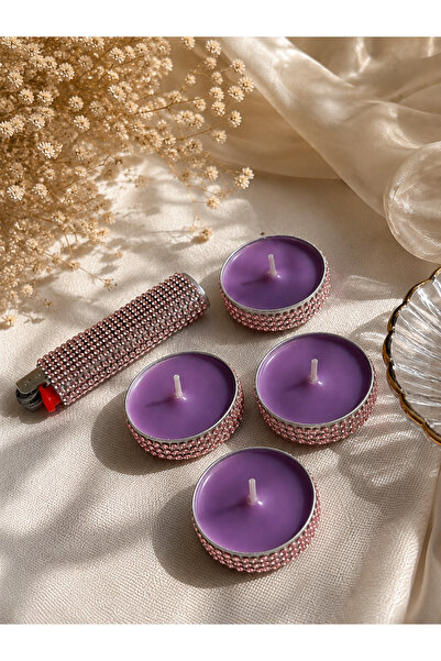 Dekora Dekor Pembe Kristal Taşlı Tealight Mum Ve Çakmak Dekoratif Masa Seti