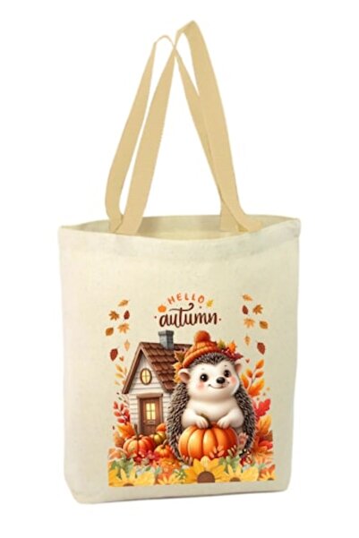 OEM Geantă tote din pânză, cu fermoar, mâner arici negru, model de toamnă