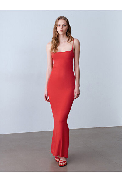 Dilvin 91671 Modal Blend Strappy Long Dress-Red