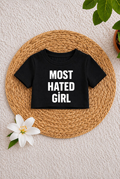 MECH BUTİK Most Hated Girl Printed Black-White-Pink Crop Top, Crop T-Shirt Ts...