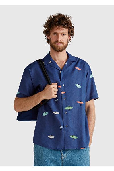 United Colors of Benetton Men's Navy Blue Cotton-Linen Blend Patterned Bowlin...