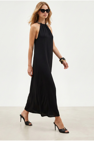 Olalook Women's Black Halter Neck Chain Decorated Maxi Flowy Dress Elb-19002649