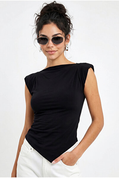 Bianco Lucci Women's Boat Neck Padded Asymmetrical Cut Blouse with Side Gathe...