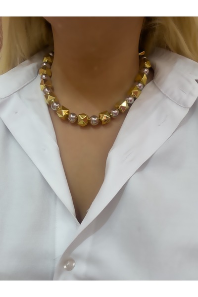 Hicrans Takı ÇİFT RENKLİ TOPÇUK MODEL KALIN ÇELİK KOLYE