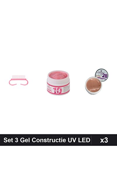Makeup Set 3 Gel Constructie UV LED FSM 15g, Nuante 10 și 28, Periuță Praf Ro...