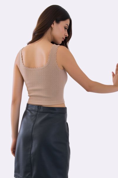 Pearlune Women's Lace Detailed Ribbed Crop Top Undershirt - 92% Cotton Soft Textured Fabric