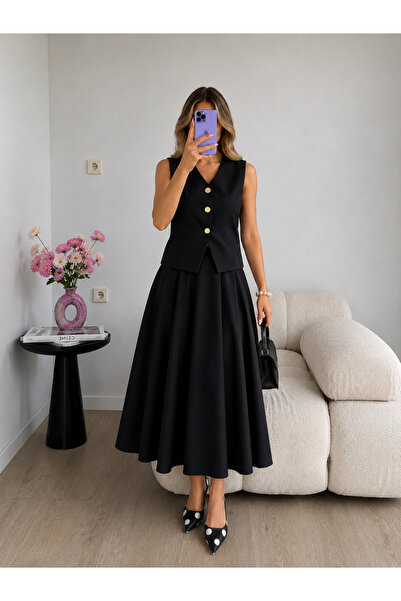 Ekim Store Gold Buttoned Vest Skirt Double Blazer Suit