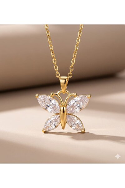 Rose and Light Butterfly Necklace - Gold