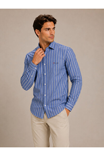 STYLE STOP Men's Striped Embroidered Long Sleeve Linen Cotton Shirt