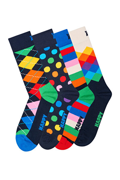 Derimod Happy Socks Men's Multi-Colored Patterned Cotton 4-Piece Sock Set P00...