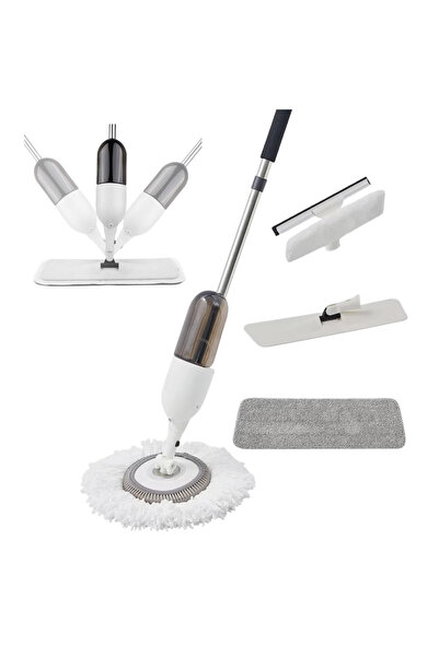 Dreamramp Set de mop 3 în 1 cu pulverizator, mop rotund și plat din bumbac, r...