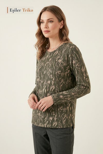 Eşiler Triko Women's Khaki Silhouette Print Patterned Glitter Lycra Mother Combed Cotton Blouse