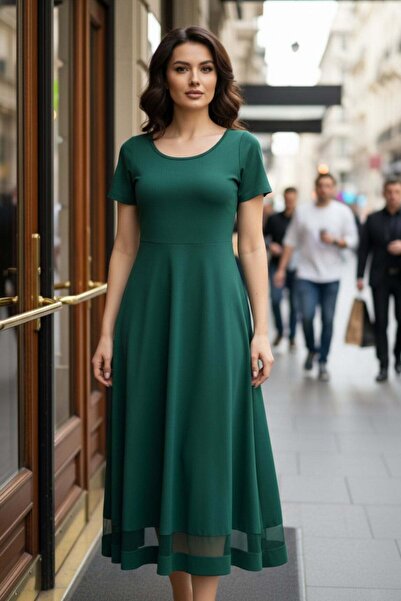Mossta Round Neck Tulle Detailed Midi Crepe Dress - Green