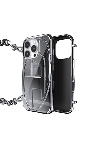 Diesel iPhone 16 Pro Uyumlu Oval D Parlak Zincirli Kılıf - Gümüş